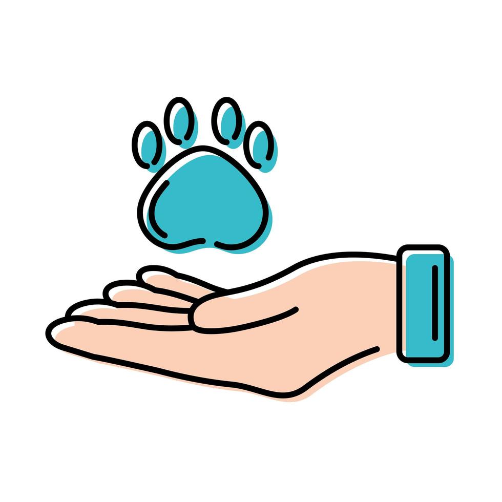 Graphic illustration of an open hand with a paw print above it