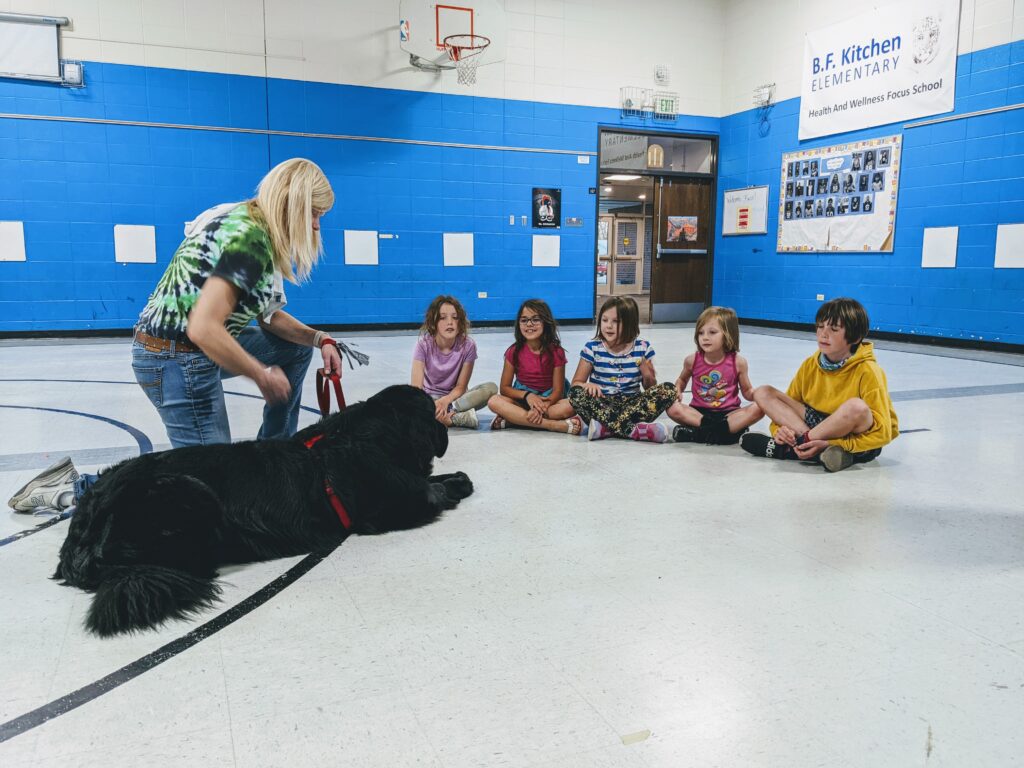 Newfoundland therapy dog and handler facing a small group of children