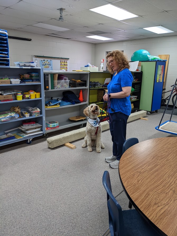Teacher standing in a classroom with a therapy dog looking at her